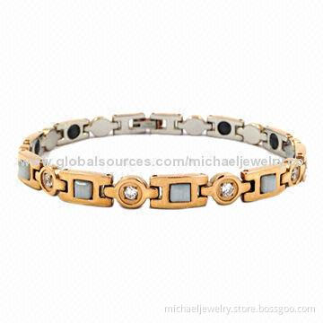 Magnetic Stainless Steel Bracelets with 9pcs of Gray Opals & 10pcs of CZ Stones/IP Rose Gold Plating